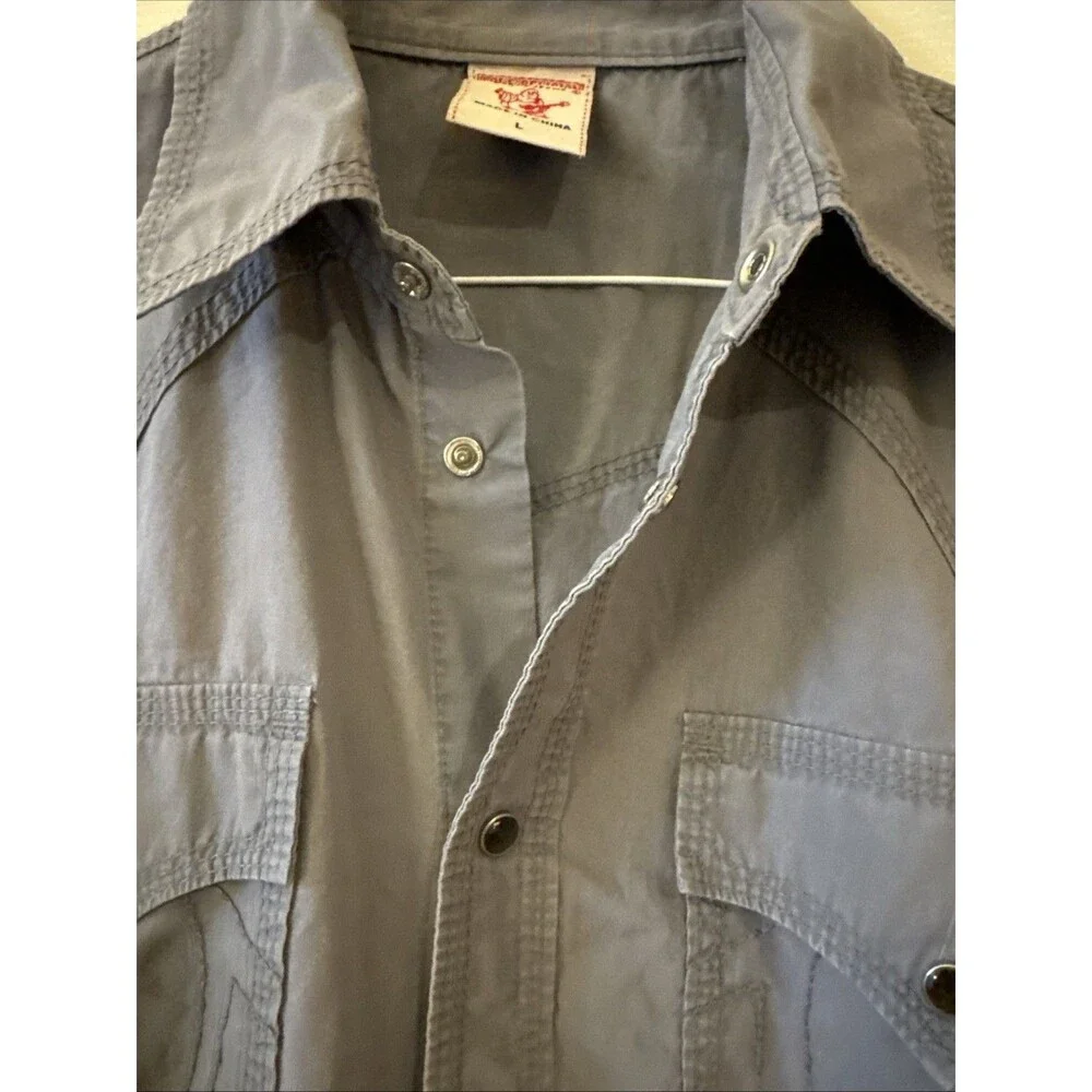 True Religion Solid Gray Pearl Snap Western Long Sleeve Shirt Pockets Men's Lg
